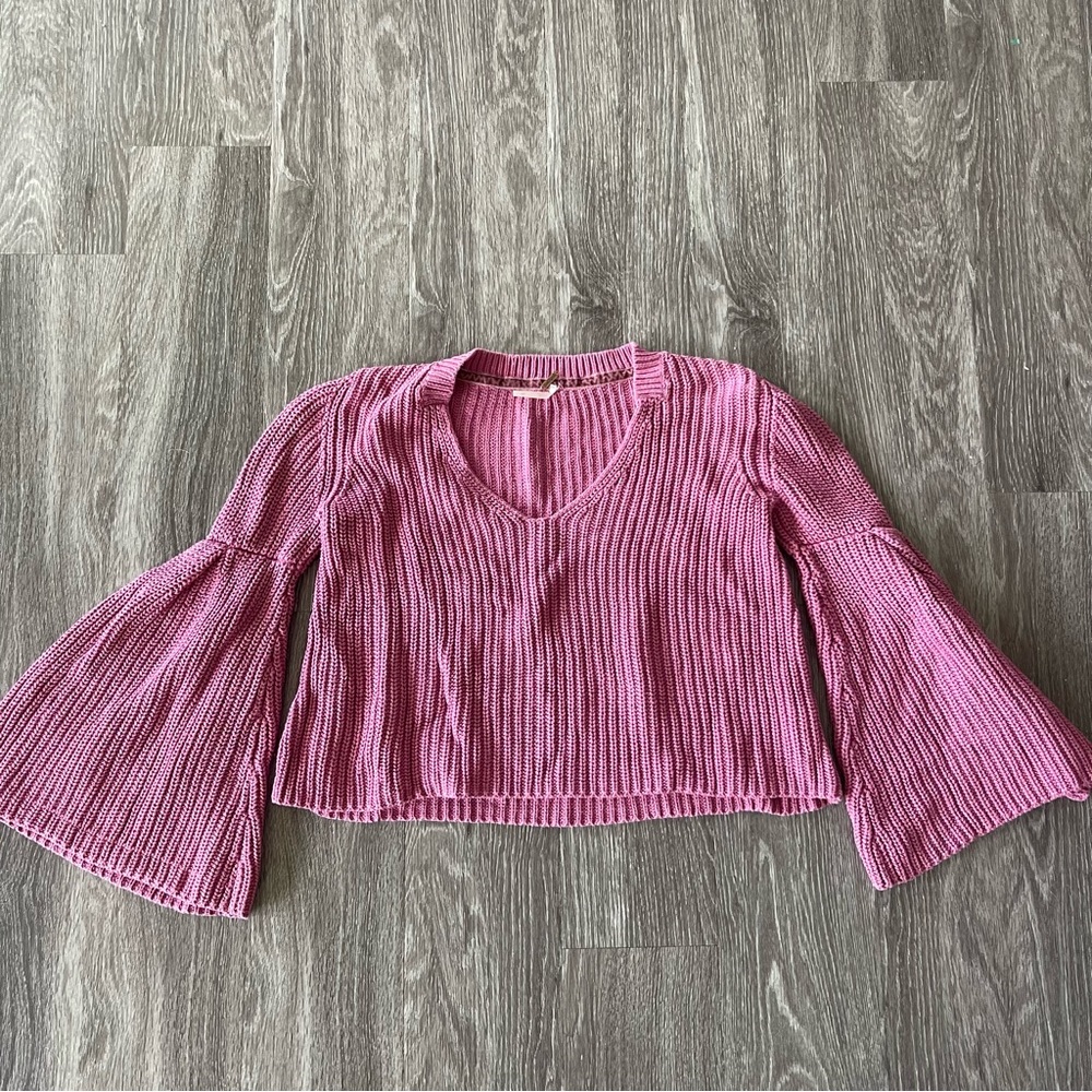 Free People Pink Flowy Sleeve Sweater | Ribbed Knit Sweater Size Small - Picture 3 of 6